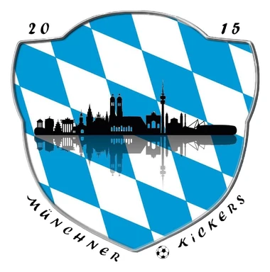 Wappen der Münchner Kickers 2015: weiß-blaue Rauten mit Münchner Skyline
